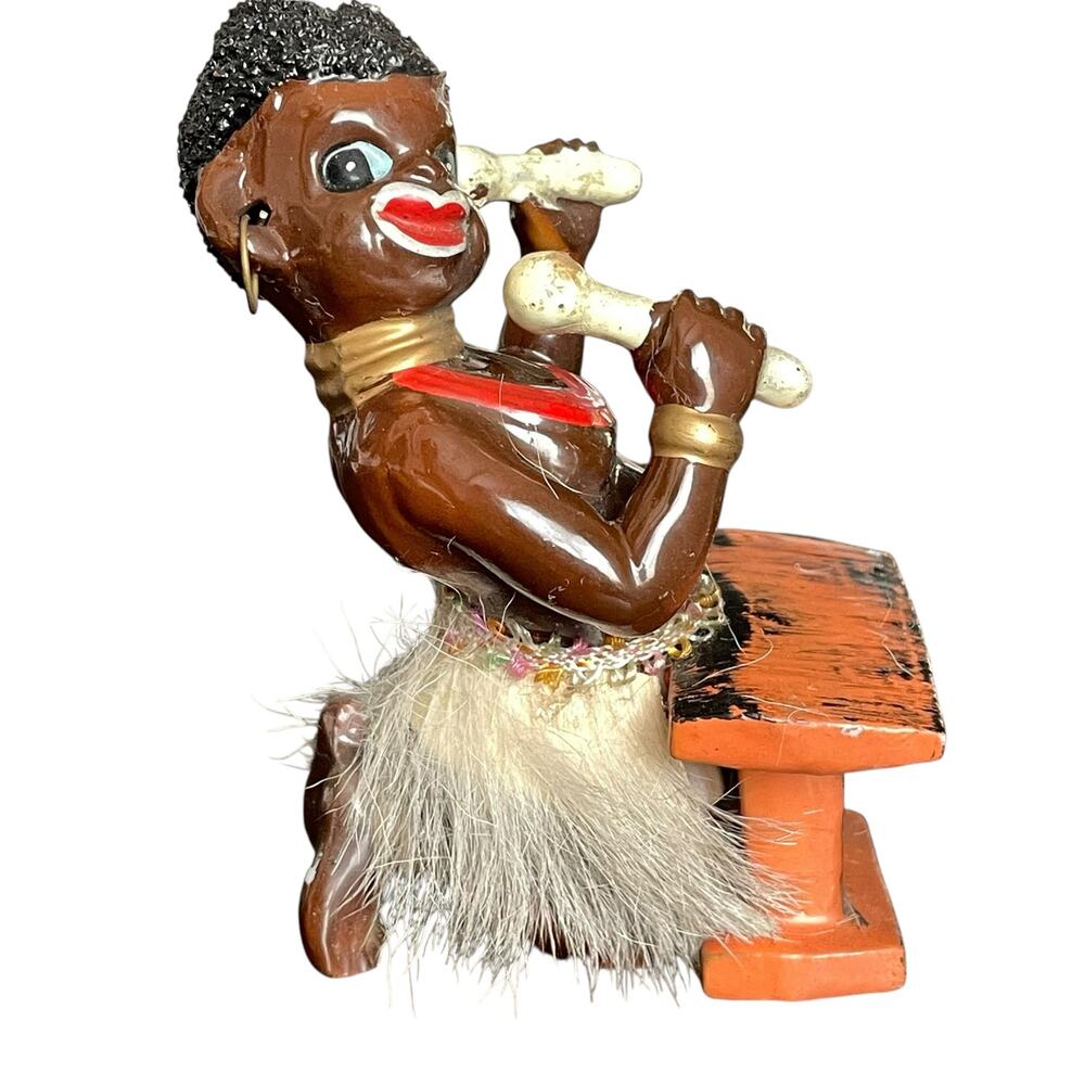 Vintage African Tribal Dancer Playing Instrument Figurine Ceramic Japan Kitschy